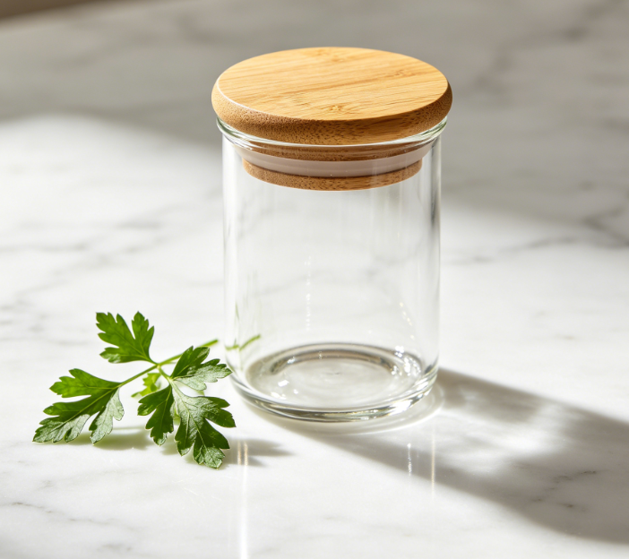 Bamboo and Wood Lid Round Transparent Glass Seasoning Jar